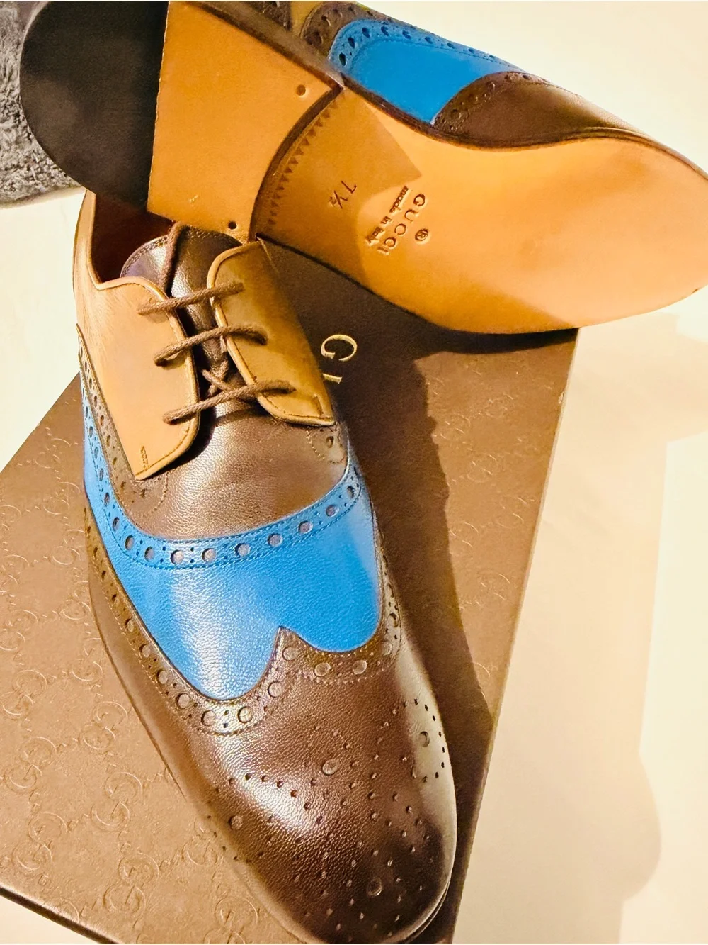 Gucci Brown, Blue and Mustard Leather Wingtip Oxfords